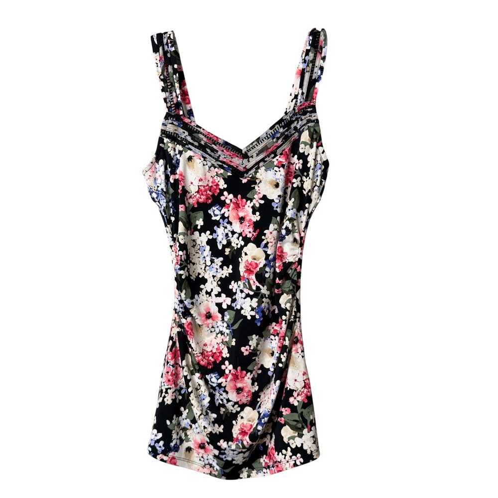 White House Black Market Floral Ruched Top Womens XXS Black Multi Lace Y2K